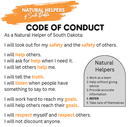 Natural Helpers Code of Conduct: As a Natural Helper of South Dakota: I will look out for my safety and the safety of others. I will help others. I will ask for help when I need it. I will let others help me. I will tell the truth. I will listen when people have something to say to me. I will work hard to reach my goals. I will help others reach their goals. I will respect myself and respect others. I will not discount anyone. Natural Helpers: 1. Work as a team 2. Help without giving advice 3. Provide accurate information 4. Refer 5. Take care of themselves
